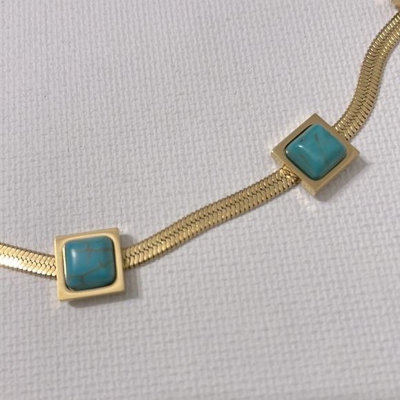 Turquoise Blue Stone Square Herringbone Necklace - Picture 17 of 17